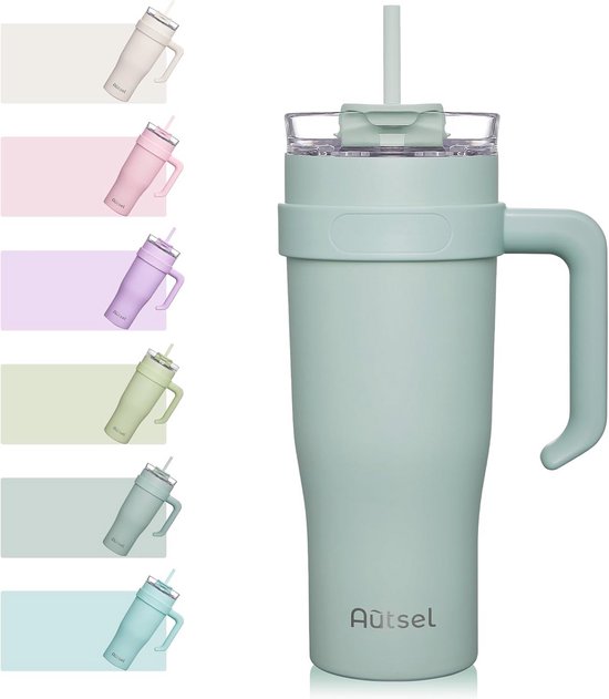 Vacuüm Geïsoleerde Beker met Rietje en Deksel - 40 oz Koffiemok voor Auto en Reizen - Roestvrij Staal, 1180 ml, Ideaal voor Warme en Koude Dranken
