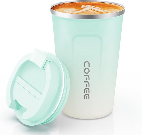 Vacuüm herbruikbare koffiekop 380 ml - Dubbelwandige roestvrijstalen mok voor warme en koude dranken - Lichtgroen