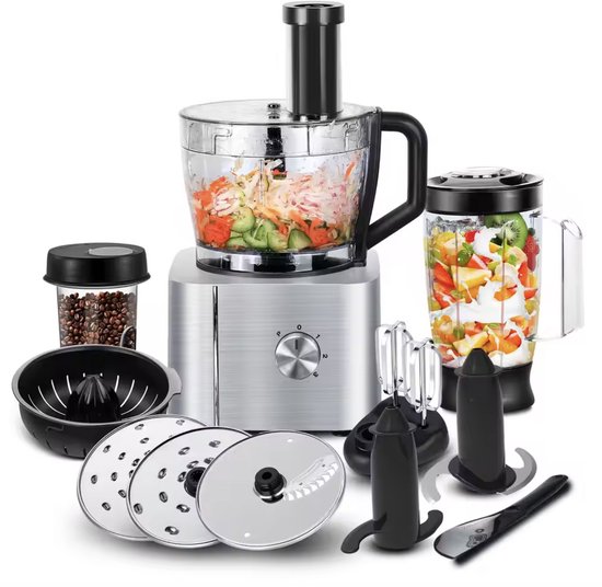 Varnox Keukenmachine - Alles in 1 keukenmachine - Multifunctionele keukenmachine - Vleesmolen - Garde - Kneder - Shredder - Sinaasappelpers - Hakselaar - Blender - 1100W - Zilver van Varnox