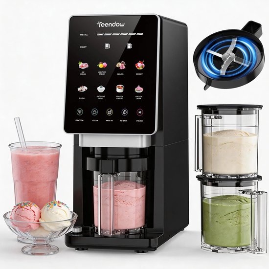 Velmio IJsmachine - 10-in-1 - Inclusief 3 EasyCups met Deksels - Voor Roomijs, Milkshake, Smoothie Bowl, Slush & Meer - BPA-vrij - Zwart