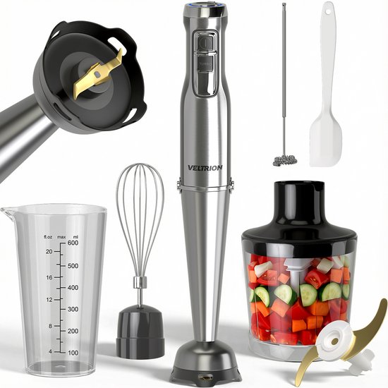 Veltrion Staafmixer S1 PRO 6-in-1 set - Titanium Messen - Inclusief Spatel, hakmolen, garde, melkopschuimer & Maatbeker - Krachtig & Vaatwasserbestendig - Turbofunctie - 1100W - PFAS-vrij van Merkloos
