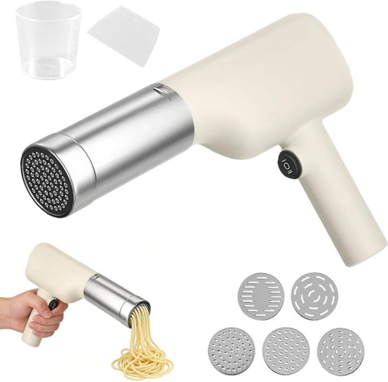 Vermicellepers, pastamachine, elektrische handheld, draagbare oplaadbare pastamachine met 5 persvormen, pastamachine, draadloos, voor reizen, picknick, familie, zelfgemaakte spaghetti