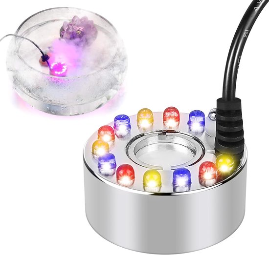Vernevelaar, mini-nevelgenerator, ultrasone besproeier, mini-nevelmachine, 12 LED mistmaker waterfontein vijver mistmachine 12 LED driekleurengradiënt verstuiver binnen of buitenfontein