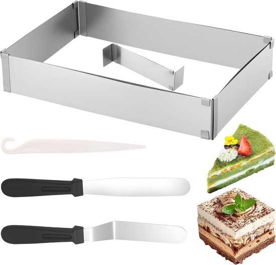 Verstelbaar rechthoekig bakframe van roestvrij staal, 5 cm hoog, 27 x 18 cm, uitbreidbaar tot 52 x 33 cm, inclusief 1 divider en 2 spatels voor taarten, gebak en pizza's van Merkloos