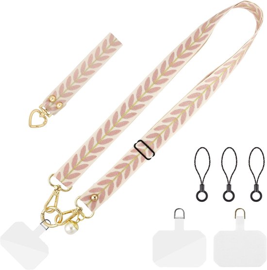 Verstelbare Telefoon Lanyard met Brede Nek, Inclusief 3 Patches en Polsband - Compatibel met Meeste Smartphones, AirPods en Sleutels van Merkloos