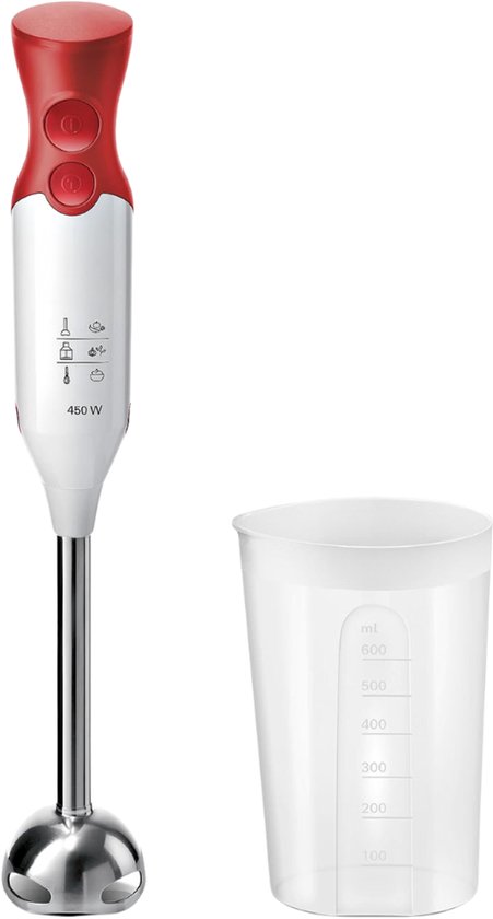 Verte - Staafmixer - 450 W Motor - Twee Snelheidsstanden - Hakmolen - Garde En Mengbeker - Wit/Rood