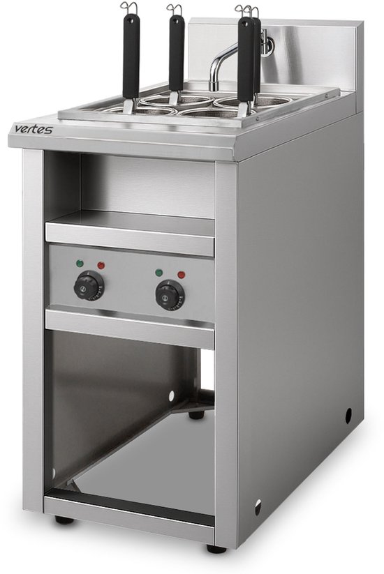 VERTES Gastro pastakoker met onderstel, van roestvrij staal, elektrisch, 2x 1700 watt, 2 aparte kookbakken van elk 8 liter, 4 pastamanden, 2x aftapkraan, 2x temperatuurregeling van Merkloos