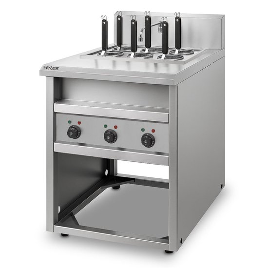 VERTES Gastro pastakoker met onderstel, van roestvrij staal, elektrisch, 3 x 1700 watt, 3 afzonderlijke kookbakken van elk 14 liter, 6 pastamanden, 3 aftapkranen, 3 temperatuurstanden van Merkloos
