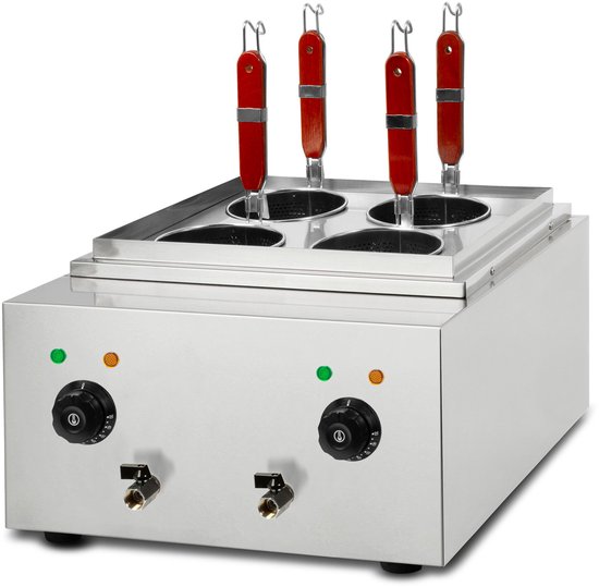 VERTES Gastro pastakoker, roestvrij staal, elektrisch, 2x 1700 watt, 2 aparte kookbakken van elk 6 liter, 4 pastamandjes, 2x aftapkraan, 2x temperatuurinstelling
