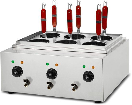 VERTES Gastro pastakoker, roestvrij staal, elektrisch, 3 x 1700 watt, 3 aparte kookbakken van elk 6 liter, 6 pastamandjes, 3 aftapkranen, 3 temperatuurinstellingen