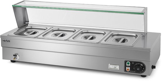 VERTES Gerechtenverwarmer Buffetverwarmer Warmhoudbak voor gerechten Elektrisch 1500 W van roestvrij staal (incl. 4 x 1/2 GN-bakken met deksel, 10 l, aftapkraan, glazen afdekking, bain-marie, 30-85 °C)