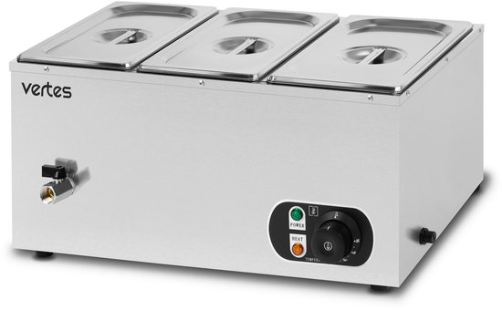 VERTES Voedselwarmer Buffetwarmer Warmhoudbak Voor voedsel Elektrisch 1500 W van roestvrij staal (incl. 3x 1/3 GN-bakken met deksel voor 3x 6 l, aftapkraan, bain-marie waterbad, temperatuur 0-85 °C)