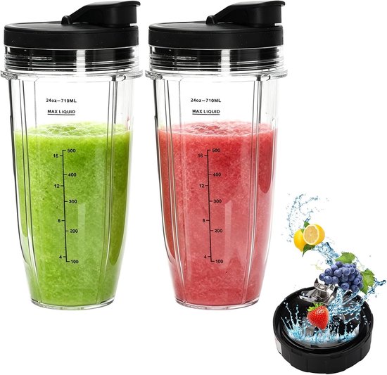 Vervangende Blenderonderdelen, 2 Stuks Blenderbekers met Afneembare Deksel, 7 Fin Extractor Mes voor Diverse Blender Modellen, Geen Lekkende Mengbeker, Ideaal voor Smoothies en Sapjes