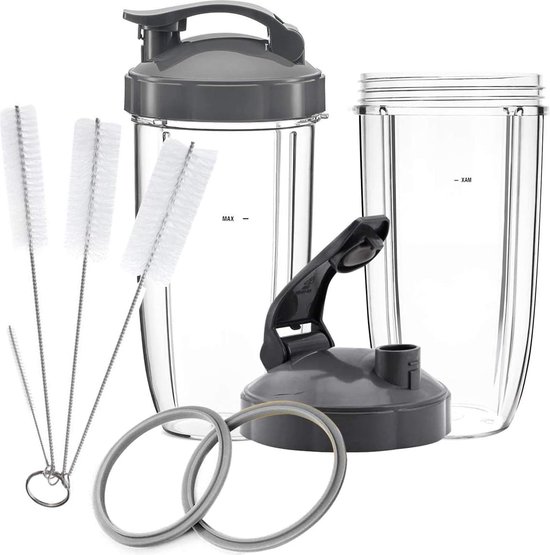 Vervangende onderdelen voor NutriBullet, 2 x 32oz hoge kopjes, 2 flip-top to go deksels, 2 pakkingen en reinigingsborstel voor NBullet 600W en 900W (7-delig) van VER