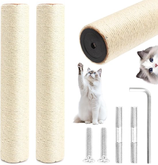 vervangende stam, 2 stuks, Ø 7 x 40 cm, wit met M8, sisal krabpaal met schroeven, stapelbaar tot 80 cm, reserveonderdelen voor krabpaal, krabpaal voor katten, eenvoudige montage