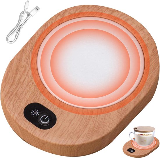 Verwarmde onderzetter / USB-mokverwarmer voor op het bureau - Houtlook - Constante temperatuur van 55-65°C - Geschikt voor koffie, cacao, melk en thee - Voor thuis en op kantoor - Werkt zonder batterijen
