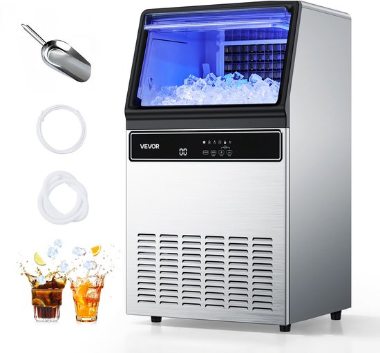 VEVOR CommerciëLe Ijsmachine, 130 Lbs/24 Uur met 33 Lbs Opslag, 45 Ijsblokjes Per Cyclus, Vrijstaande Ijsmachine Van Roestvrij Staal met Led-Display En Zelfreiniging, voor Thuis, Bar En Restaurant van Merkloos