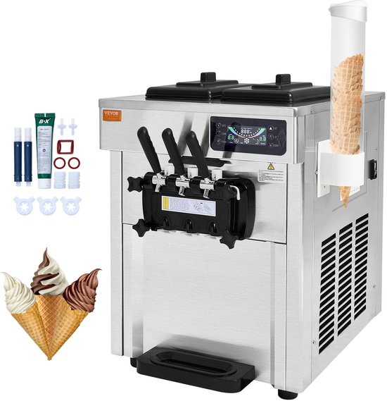 VEVOR Commerciële Ijsmachine 18-28L/u 3 Smaken Italiaanse Ijsmachine 2 x 5.5L Trechter LCD-paneel Automatische Voorkoeling Reiniging voor Yoghurt Koffie Snackbar Restaurant van Merkloos