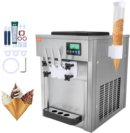 VEVOR Commerciële Ijsmachine, 1800 W, 3 Smaken, Softijsmachine Aanrecht, 2 x 4 Liter Trechter, 2 x 1.8 Liter Cilinder, LCD-scherm, Automatische Reiniging, Voorkoeling van Merkloos
