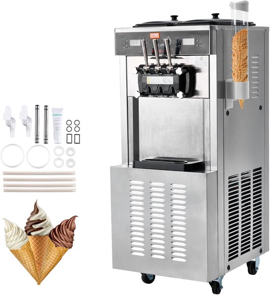 VEVOR Commerciële Ijsmachine, 34-44 l/u Vermogen, 1850 W, Vrijstaande Softijsmachine met 3 Smaken, 2 x 9 L Roestvrijstalen Container, LED-paneel Gebruik van Één Cilinder en Nachtelijke Koeling van Merkloos