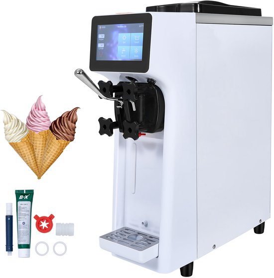 VEVOR Commerciële Ijsmachine, Capaciteit van 10 l/u, Softijsmachine met Enkele Smaak, Aanrecht, Trechter van 4 l, Cilinder van 1.6 l, Touchscreen, Automatische Reiniging, Snackbars Voorgekoeld