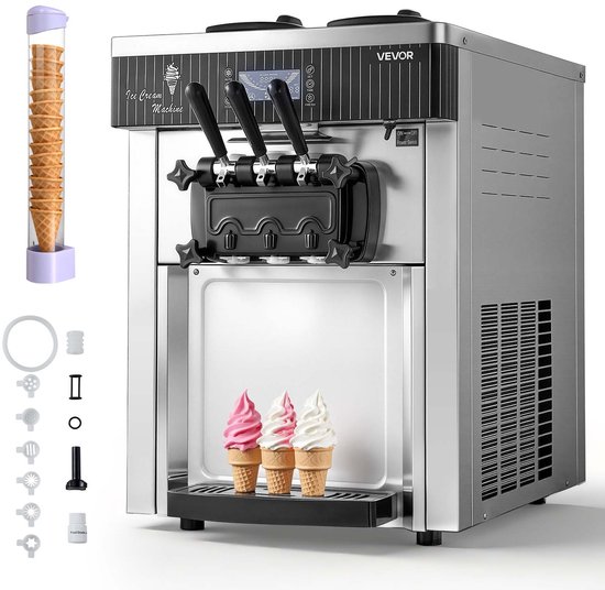 VEVOR Commerciële Ijsmachine met Een Capaciteit van 20-28 l/u, Softijsmachine van 2200 W met 2 x 6 L Containers, Voorkoeling, Zelfreiniging en LED-display, Tafelmodel voor Snackbars, Dessertwinkels en Cafés, Zilverkleurig van Merkloos