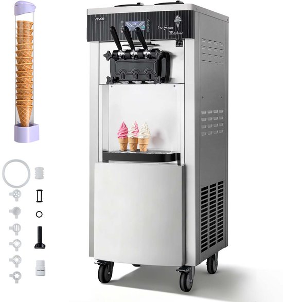 VEVOR Commerciële Softijsmachine 2200 W, Vrijstaande Ijsmachine met Een Productiecapaciteit van 20-28 L/U, met 3 Smaken en 2 Containers (6 L), voorkoeling en Zelfreiniging voor Snack- en Dessertwinkels. van Vevor