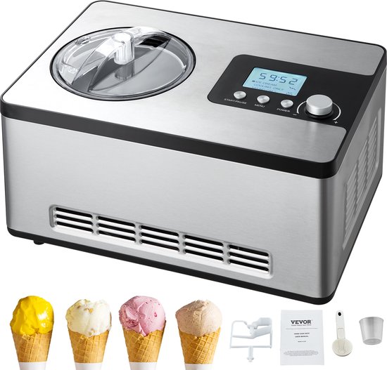 VEVOR Compressor-Ijsmachine Ijsmachine 2 L, 180 W Frozen Yoghurt Maker Ijsmachine 3 Standen Yoghurtmachine Huishoudelijke Draagbare Ijsmachine Sorbet Gelato Geluidsarm Zilver Elektrisch van Merkloos