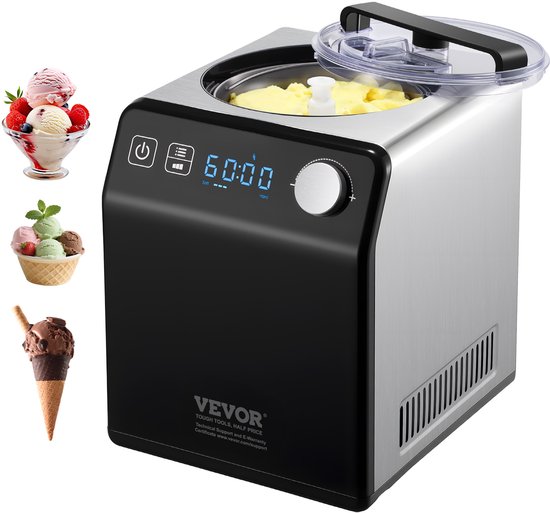 VEVOR Compressor-Ijsmachine Ijsmachine 2 L, 180 W Frozen Yoghurt Maker Ijsmachine 3 Standen Yoghurtmachine Huishoudelijke Draagbare Ijsmachine Sorbet Gelato Geluidsarm Zwart Elektrisch van Merkloos