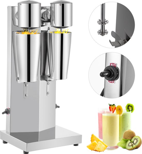 VEVOR Dubbele Kop Milkshake Roestvrij Staal 800 Ml, Melkshake-Machine 18000 T/Min, Milkshake en Drank Mixers 180 W + 180 W, Dubbele Kop Elektrische Milkshake Volledig Koperen Motor 7 Kg / 15,4 Lbs van Vevor