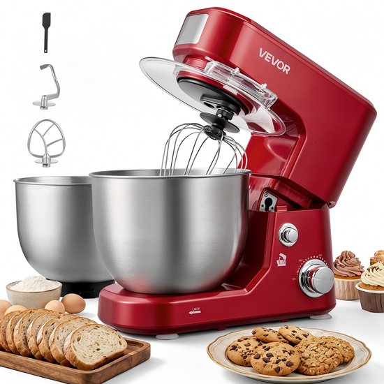 VEVOR Elektrische Kneedmachine 5 + 4 L 1000 W voor Deeg, Koekjesdeeg en Crème, met 2 Stapelbare SUS304 Kommen, Kantelbare Kop, Spatbescherming, Antislipvoetjes en Accessoireset van Vevor