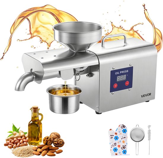 VEVOR Elektrische Oliepers 3,75 Kg/U, Oliemolen 750 W, Automatische Oliepersmachine met Warm Persen van 50 °C Tot 300 °C, Oliemachine Geschikt voor Pinda's, Sesam, Sojabonen en Amandelen, Roestvrij Staal