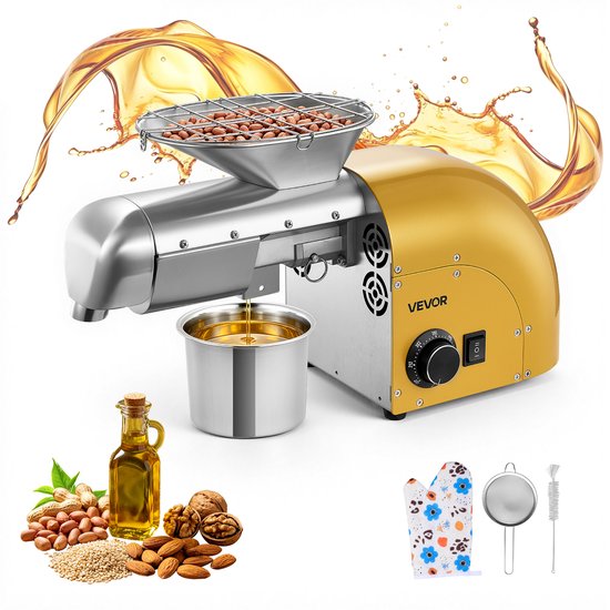 VEVOR Elektrische Oliepers 5 Kg/U, Oliemolen 1250 W, Automatische Oliepersmachine met Warm en Koud Persen en Reinigingsborstel, Oliemachine voor Pinda's, Sesam, Sojabonen en Amandelen, Roestvrij Staal