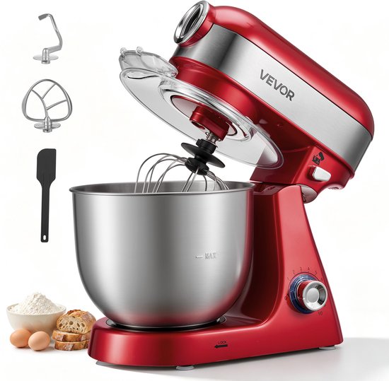 VEVOR Elektrische Staande Mixer 5L 1000W Deegmachine voor Koekjesdeeg en Crème, Deegkneedmachine met 10 Snelheidsinstellingen, SUS304 Mengkom, Kantelbare Kop, Spatbescherming en Antislipvoetjes, Rood