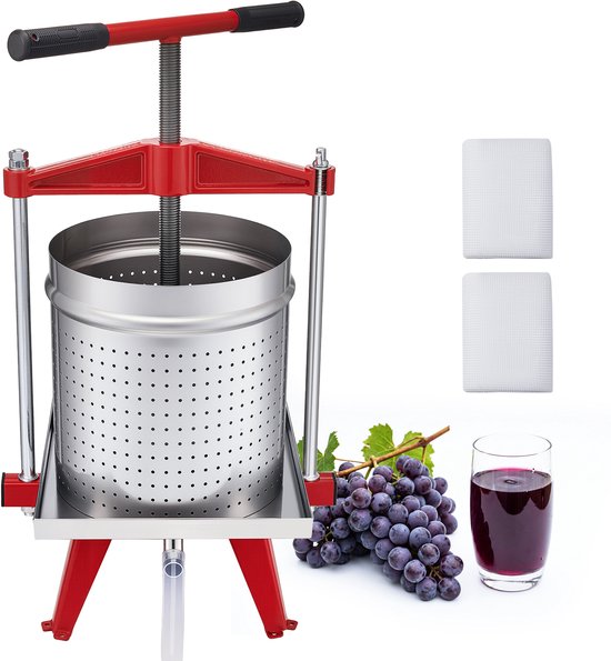 VEVOR Handmatige Bessenpers 15 L Roestvrij Staal, Wijnpers en Fruitpers voor Appels, Druiven, Sinaasappels en Groenten, Appelpers met 2 Filterzakken, 40 X 32 X 61 Cm Fruitpers Sappers