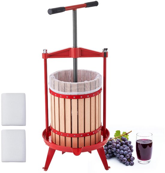 VEVOR Handmatige Bessenpers 18 L, Wijnpers en Fruitpers voor Appels, Druiven, Sinaasappels en Groenten, Massief Beukenhouten Mand, Appelpers met 2 Filterzakken & T-Vormig Handvat, Sappers