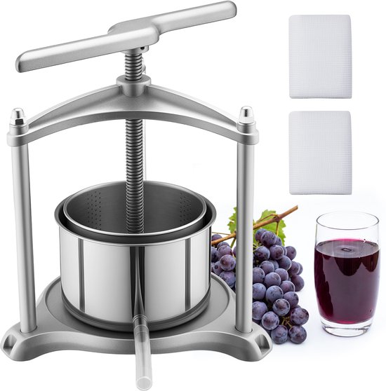 VEVOR Handmatige Bessenpers 3 Liter Roestvrij Staal (Binnenreservoir), Wijnpers en Fruitpers voor Appels, Druiven, Sinaasappels en Groenten, Appelpers met 2 Filterzakken en T-Vormig Handvat, Sap Pers