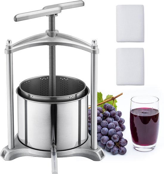 VEVOR Handmatige Bessenpers 6 Liter Roestvrij Staal (Binnencontainer), Wijnpers en Fruitpers voor Appels, Druiven, Sinaasappels en Groenten, Appelpers met 2 Filterzakken en T-Vormig Handvat, Sapcentrifuge