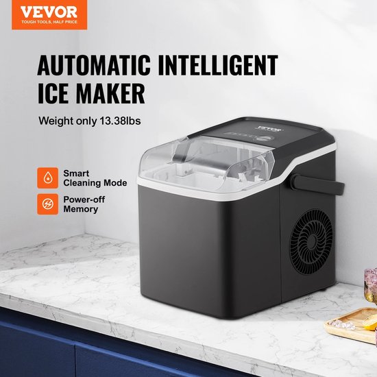 VEVOR - IJsblokjesmachine - 1.2L - IJsblokjesmaker - IJsschep – 12kg/24 uur – Draagbaar – Zelfreinigingsfunctie - Zwart van VEVOR