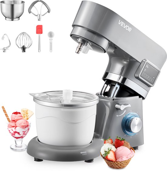 VEVOR IJsmachine 1,7L Staande Mixer 6-snelheden met LED-digitaal Display & Timer & Roerpeddel & Deeghaak & Spatbescherming, voor Doe-het-zelf Bevroren Yoghurt, Fruitgelato Sorbet, 1400W, Grijs van Merkloos