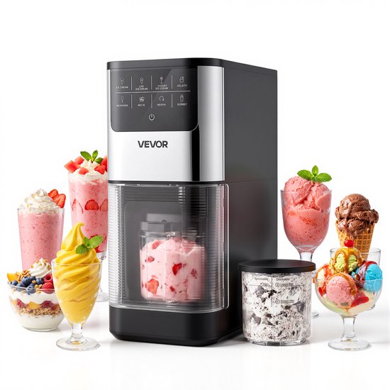 VEVOR Ijsmachine, 7-in-1 Apparaat voor Gelato, Sorbet, Milkshake, Bevroren Yoghurt en Licht Ijs, Zelfgemaakte Ijsmachine met Roer- en Wervelfunctie met Één Druk op de Knop, voor Een Gladde, Romige Textuur
