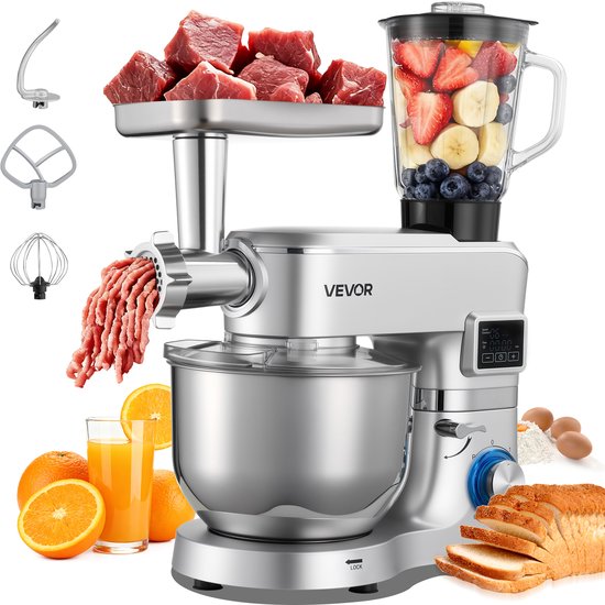VEVOR Multifunctionele Elektrische Keukenmachine 1500W met Roestvrijstalen Kom (5,7 L) en Mengkom (1,5 L), Deegmixer met 6+P Snelheden, Deeghaak, Garde en Klopper van Merkloos