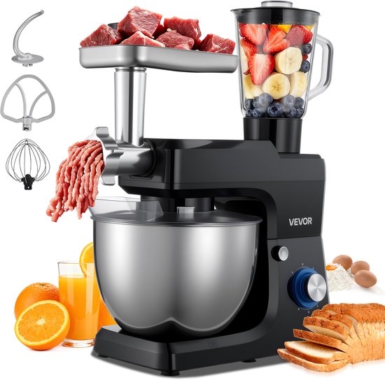 VEVOR Multifunctionele Elektrische Keukenmachine 1500W met Roestvrijstalen Kom (7,8 L) en Mengkom (1,5 L), Deegmixer met 6+P Snelheden, Deeghaak, Garde en Klopper van Merkloos