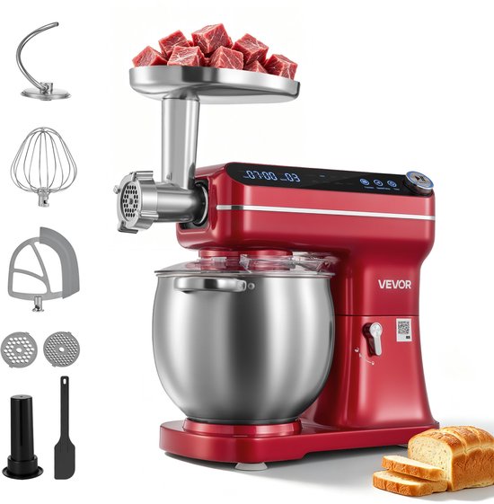 VEVOR Multifunctionele Keukenmachine met Kantelbare Kop 7 liter 2-in-1 1000 W Rood, Mixer voor Deeg, Room, Beslag en Vlees, Kneedmachine met Mengkom, Deeghaak, Klopper en Garde