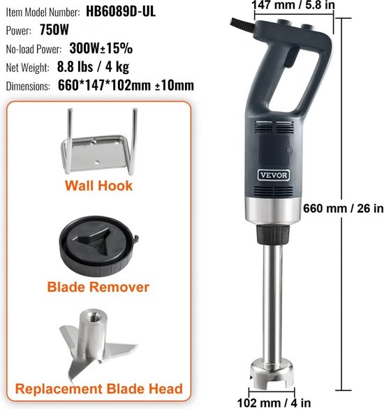 Vevor - Staafmixer - 750W - 20 " - Handmixer - Voor Zwaar Gebruik - Keukenmixer - Met Variabele Snelheid - Met Roestvrijstalen Mes van VEVOR