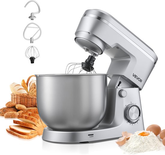 VEVOR Staande Mixer/Foodprocessor voor Bakken, 1500W Deegmachine met Roestvrijstalen Kom (5,7 L) & Deeghaak & Klopper & Garde, 10 Snelheden Kantelbare Mixer van Merkloos