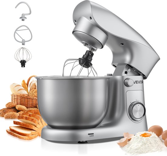 VEVOR Staande Mixer/Keukenmachine voor Bakken, 1500w Deegmixer met Roestvrijstalen Kom (4,2L) & Deeghaak & Klopper & Garde, 10 Snelheden Kantelbare Mixer van Merkloos