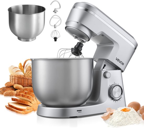 VEVOR Staande Mixer/Keukenmachine voor Bakken, 1500W Deegmixer met Roestvrijstalen Kommen (4,2 + 5,7 L) & Deeghaak & Klopper & Garde, 10 Snelheden Kantelbare Mixer van Merkloos