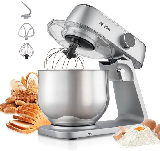 VEVOR Staande Mixer/Keukenmachine voor Bakken, 1800W Deegmixer met Roestvrijstalen Kommen (7,4 L) & Deeghaak & Klopper & Garde, 10 Snelheden Kantelbare Mixer van Merkloos