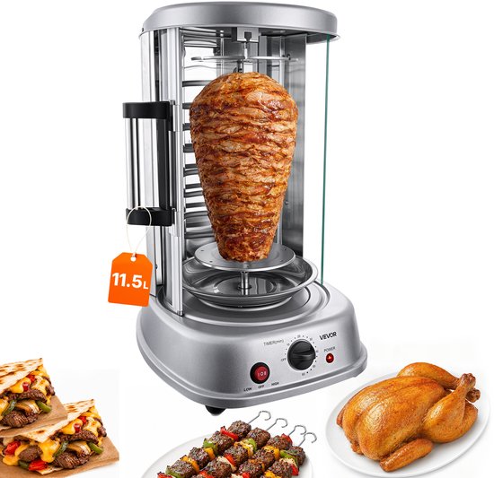 VEVOR Verticale Dönergrill 11,5 L 1500 W Gyrosgrill Kebab Shawarma Zilver voor Kleine Huishoudens, Maximale Temperatuur 190 °C, Timer 0–60 Minuten, Veiligheidsglazen Deur, Lekbak, Draaibare Vork en Spiesjes